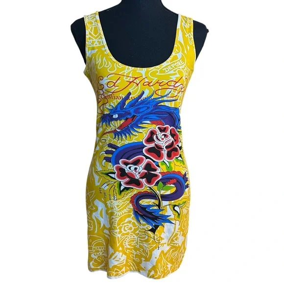 ⭐️SOLD⭐️ Y2K Tattoo Glam Avant Garde Ed Hardy Bodycon Avant Garde Archival Dress - Picture 4 of 13